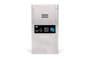 Elektronische Gegensprechanlage in silbernem Gehäuse mit Symbolen für Klingel, Audio und Unterstützung für Hörgeräte auf dem Display.
