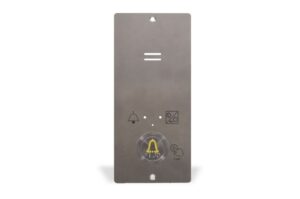 Ein Edelstahlpanel mit einer Klingel und Symbolen darunter.