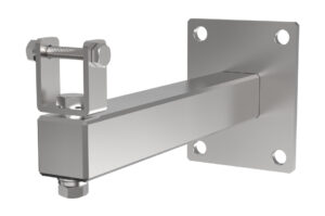 Eine silberne Metallkonstruktion mit vier Löchern an der Basis und einer Schraubverbindung am Ende.