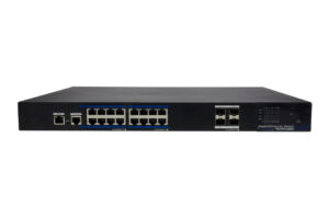 Ein Gigabit-Ethernet-Switch mit 16 RJ45-Ports und zwei SFP-Ports auf der Vorderseite.