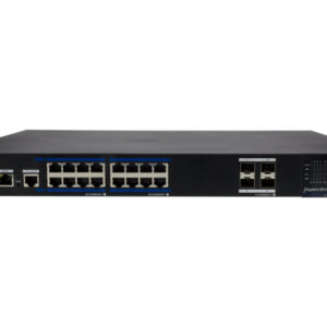 Ein Gigabit-Ethernet-Switch mit 16 RJ45-Ports und zwei SFP-Ports auf der Vorderseite.