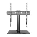 Stehender TV-Bodenständer mit metallischen Halterungen und schwarzer Basis.