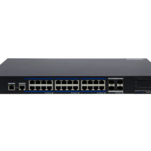 Ein schwarzer Netzwerk-Switch mit mehreren Ethernet-Anschlüssen und einem Herstellerlogo links oben auf der Vorderseite.