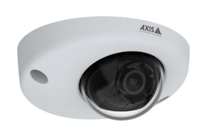 Überwachungskamera von Axis Communications mit weißem Gehäuse und klarer Kuppel.