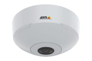 Eine weiße Sicherheitskamera mit Kuppelform und dem Logo von Axis Communications.