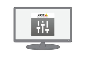 Ein Bildschirm mit dem Logo von Axis Communications und einem Symbol darunter.
