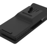 Eine schwarze Gürtelhalterung mit Clip, geeignet zum Befestigen von Geräten an einem Gürtel.