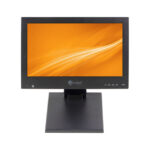Ein schwarzer Monitor mit einem orangefarbenen Bildschirmhintergrund, Marke "eneo".