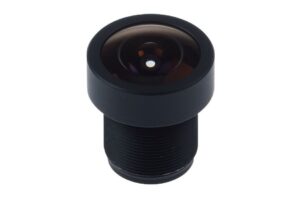 Eine schwarze Fischaugenlinse mit einem runden, gewölbten Glas.