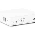 Ein weißer Netzwerk-Switch von Axis Communications mit mehreren LED-Anzeigen auf der Vorderseite.