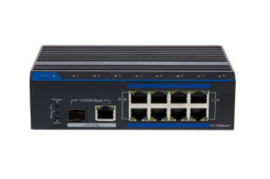 Ein schwarzer Netzwerk-Switch mit mehreren Ethernet-Ports und PoE-Unterstützung.