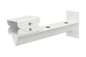 Weiße Wandhalterung aus Metall mit Schraublöchern und verstellbarem Arm.