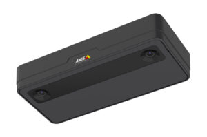 Eine schwarze Überwachungskamera mit zwei Kameralinsen, der Markenname "AXIS" ist sichtbar.