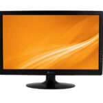 Ein Flachbildschirm mit orangefarbenem Hintergrund und einem schwarz glänzenden Standfuß.