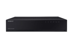 Ein schwarzer Wisenet Netzwerk-Video-Recorder mit verschiedenen LED-Anzeigen auf der Vorderseite.
