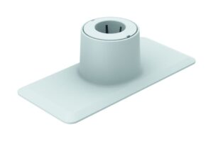 Ein weißer, rechteckiger Plastiksockel mit einer kreisförmigen Öffnung in der Mitte.