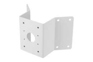 Weiße Metallhalterung mit mehreren Befestigungslöchern und einer zentralen großen Öffnung.