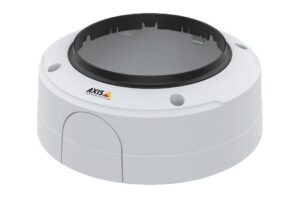 Eine runde, weiße Kamerahalterung mit dem Logo von Axis Communications auf der Vorderseite.