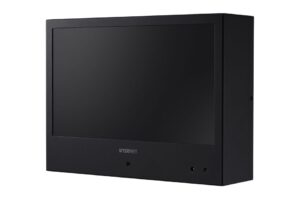 Ein schwarzes Wisenet-Display mit einem rechteckigen Rahmen und großem Bildschirm.
