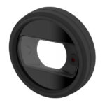 Ein schwarzer runder Flaschenöffner mit rechteckiger Öffnung in der Mitte.