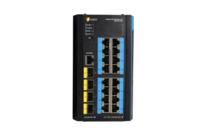 Industrieller PoE-Switch mit mehreren Ethernet-Ports, Markenlogo oben links.