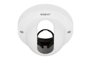 Weißes, rundes Wisenet Kameragehäuse mit ovaler Öffnung und schwarzen Innenteilen.
