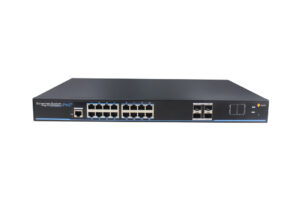 Ein Ethernet-Switch mit mehreren Ports und PoE+-Funktionalität, Vorderansicht.