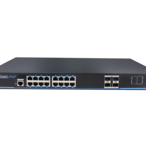 Ein Ethernet-Switch mit mehreren Ports und PoE+-Funktionalität, Vorderansicht.
