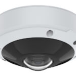 Runde Sicherheitskamera mit weißem Gehäuse und schwarzem Objektivbereich.