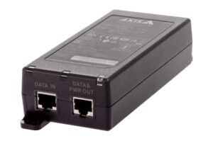 Ein schwarzer Power over Ethernet (PoE) Injektor mit einem "Data In" und einem "Data & Pwr Out" Anschluss.