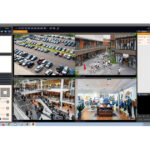 Eine Bildschirmansicht eines Überwachungsprogramms mit vier Kameraperspektiven: Parkplatz, Einkaufszentrum, Einkaufsstraße und Bekleidungsgeschäft.