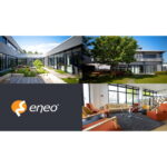 Mehrere Ansichten eines modernen Bürogebäudes mit Garten und Innenraum sowie das Logo von "eneo".