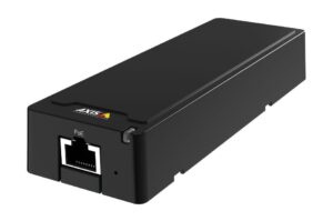 Schwarzes rechteckiges Gehäuse mit Ethernet-Anschluss und AXIS-Logo.