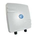 Weiße, quadratische Antenne mit dem blauen Schriftzug "netwave comet" in der Mitte.