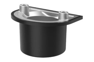Ein schwarz-silbernes zylindrisches Kunststoff- und Metallteil mit zwei erhöhten Befestigungspunkten.