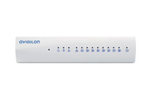 Ein weißes Avigilon-Gerät mit mehreren blauen Statusanzeige-LEDs auf der Vorderseite.