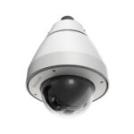 Kuppelüberwachungskamera von Avigilon, nach unten gerichtetes Objektiv in weißem Gehäuse.