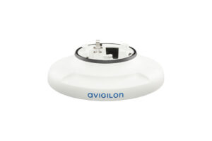 Weiße Avigilon-Montagehalterung mit schwarzem Innenring für Sicherheitskameras.