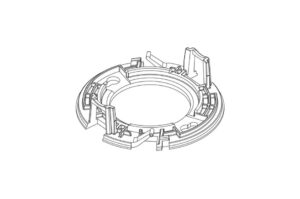 Technische Zeichnung eines kreisförmigen Bauteils mit komplexen Strukturen und mehreren Ebenen.
