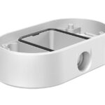 Weiße ovale Kunststoffbox mit einer offenen Oberseite und einem runden Loch an der Seite.