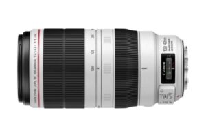 Kameraobjektiv mit der Aufschrift "Canon Zoom Lens EF 100-400mm f/4.5-5.6L IS II USM", weißes Gehäuse und schwarzer Fokusring.