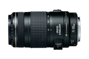 Canon Kameraobjektiv EF 70-300mm f/4-5.6 IS USM, schwarzes Gehäuse, Zoomring, Bildstabilisator-Schalter.