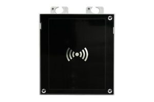 Ein schwarzes RFID-Lesegerät mit einem weißen Wellensymbol auf der Vorderseite.