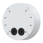 Runde, weiße Montagebox mit mehreren Befestigungslöchern und zwei schwarzen Kabeldurchführungen an der Unterseite.