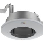 Runder, deckenmontierter Kamerahalter von Axis Communications in Grau und Weiß.