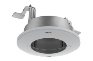 Runder, deckenmontierter Kamerahalter von Axis Communications in Grau und Weiß.