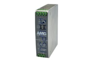 Ein Netzteil von AMG Systems mit silbernem Gehäuse und grünen Anschlussklemmen.
