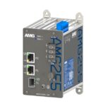 Industrie-Ethernet-Switch AMG255 mit mehreren Ports und Anschlüssen auf grauem Gehäuse.