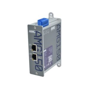 Ein graues Gerät mit der Aufschrift "AMG150", zwei Ethernet-Ports und einer blauen Anschlussklemme oben.
