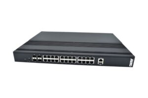 Ein schwarzer Netzwerk-Switch von AMG mit mehreren Ethernet-Ports an der Vorderseite.